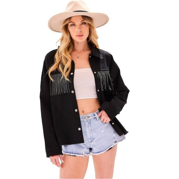 Main Strip Stud Fringe Raw Hem Oversized Black Denim Jacket Shacket CJ60713 - Picture 12 of 16